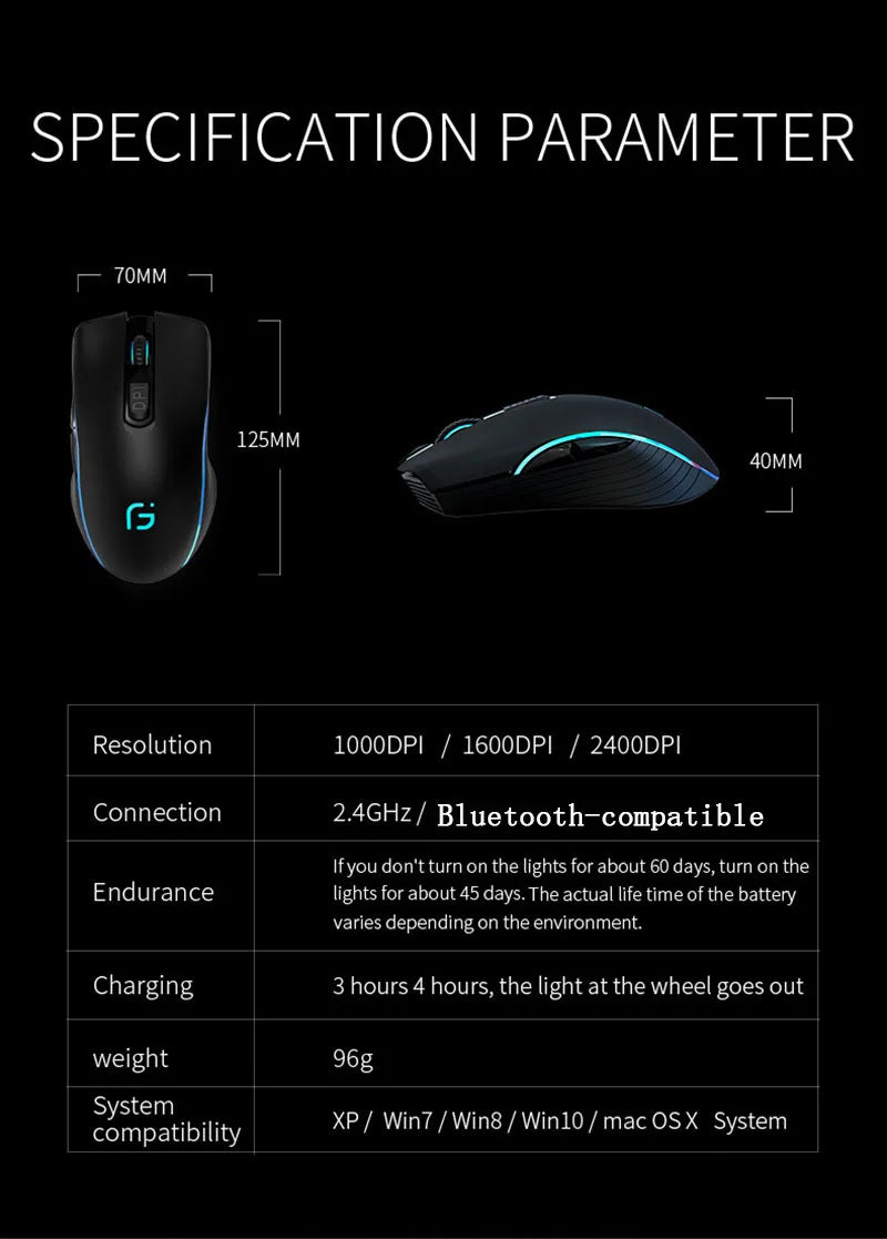 Rechargeable Computer Mouse Dual Mode Bluetooth+2.4Ghz Wireless