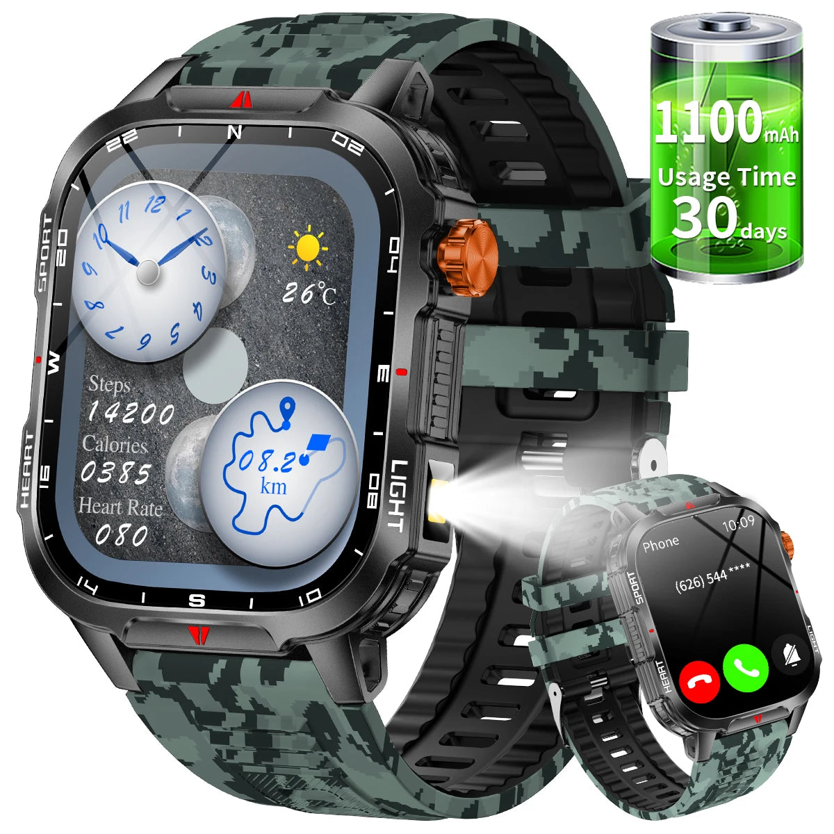 New Smart Watch Waterproof 2.01-inch Screen Flashlight Compass 1100mAh