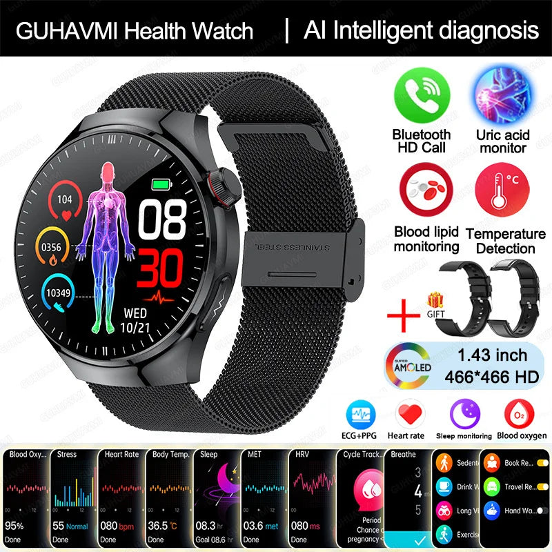 New Nursing Grade Smart Watch Blood oxygen Blood Lipid Uric Acid ECG+PPG