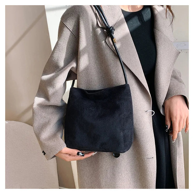Fashion Solid Color Bucket Bag Retro Suede Tote Bag Women's Luxury