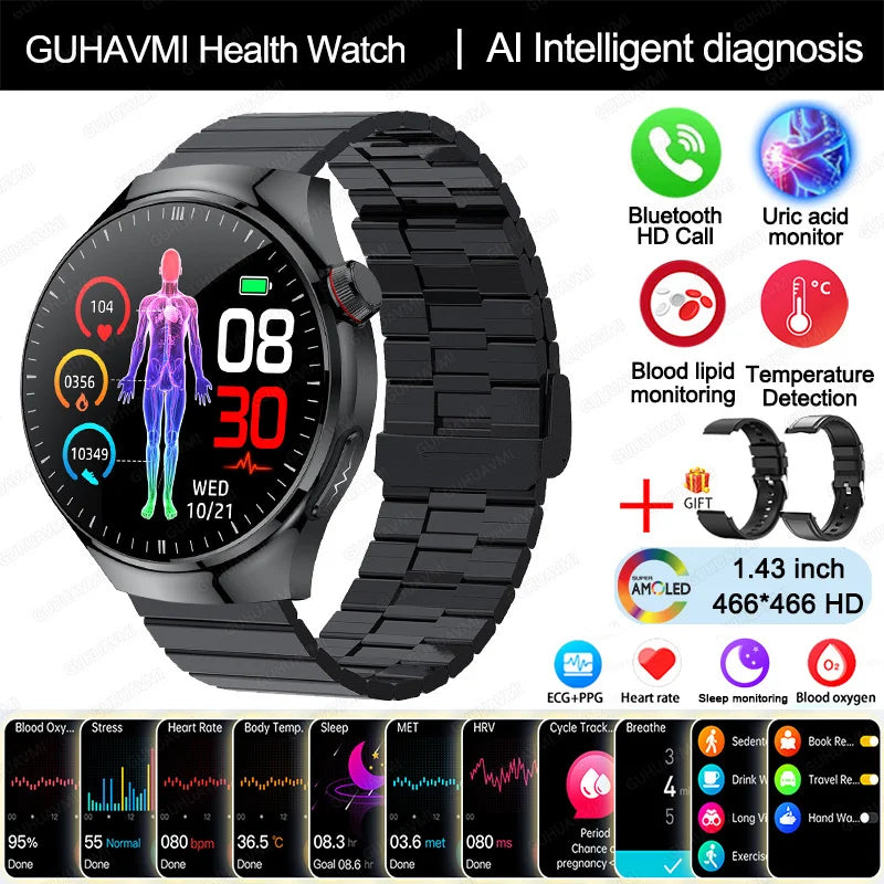 New Nursing Grade Smart Watch Blood oxygen Blood Lipid Uric Acid ECG+PPG