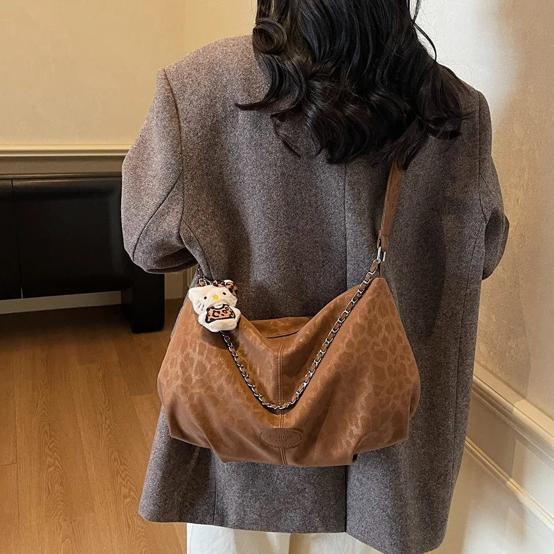 Leopard Print Commuting Crossbody Bag French Lazy Style Large Capacity