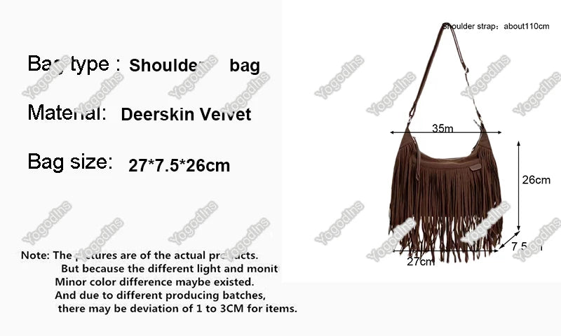 Autumn Winter Deerskin Velvet Tassel Shoulder Bag Vintage Large