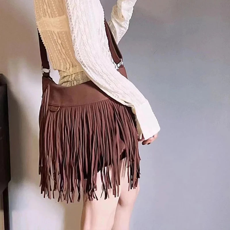 Autumn Winter Deerskin Velvet Tassel Shoulder Bag Vintage Large
