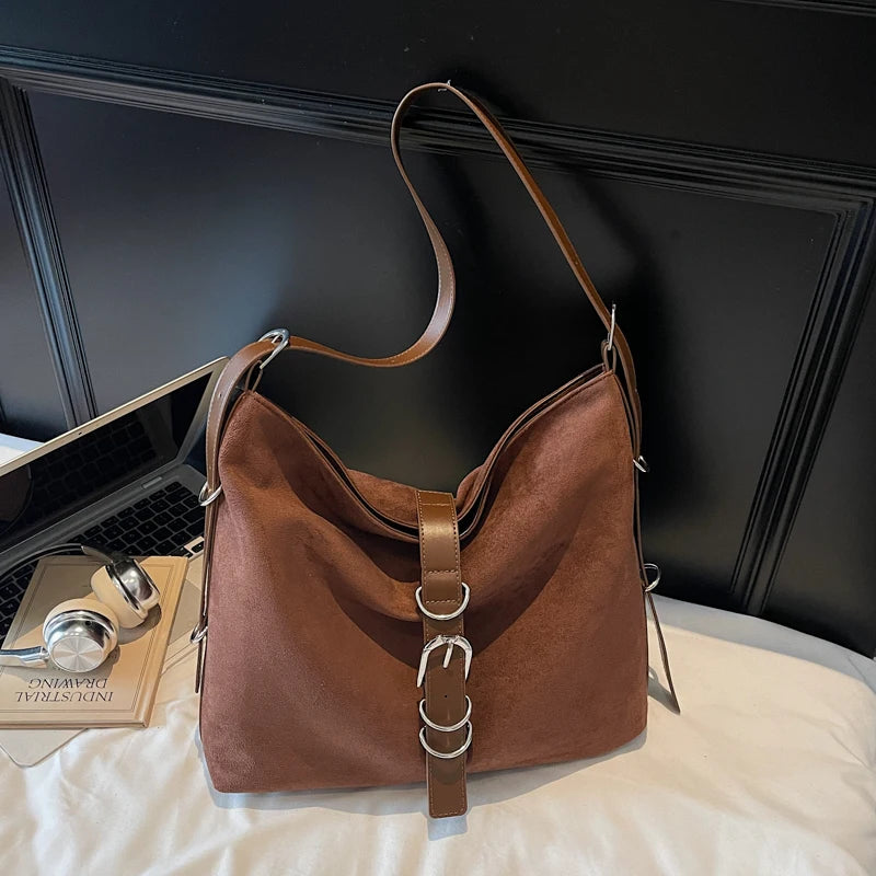 Women Autumn Winter Suede Shoulder Bag Lady Adjustable Strap Crossbody Bag