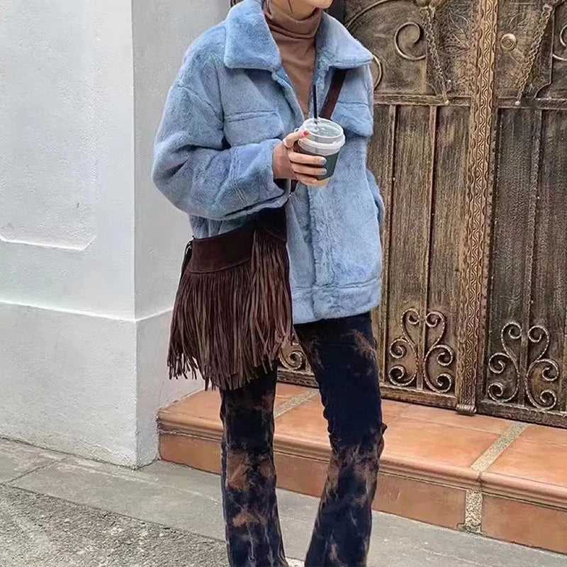 Autumn Winter Deerskin Velvet Tassel Shoulder Bag Vintage Large