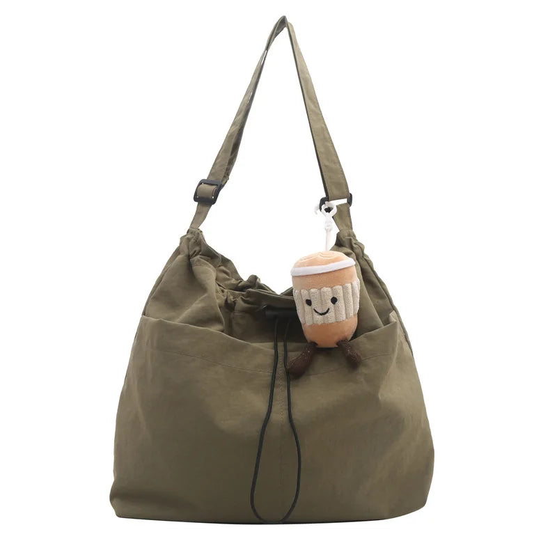 New Large Capacity Waterproof Nylon Bucket Bag, Drawstring Pleated