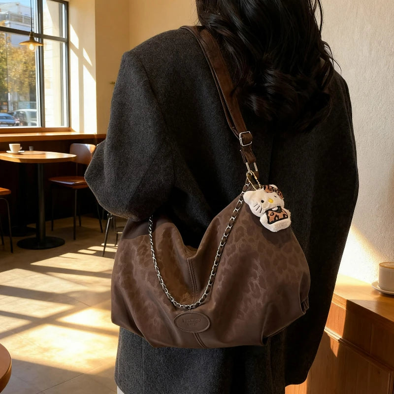 Leopard Print Commuting Crossbody Bag French Lazy Style Large Capacity