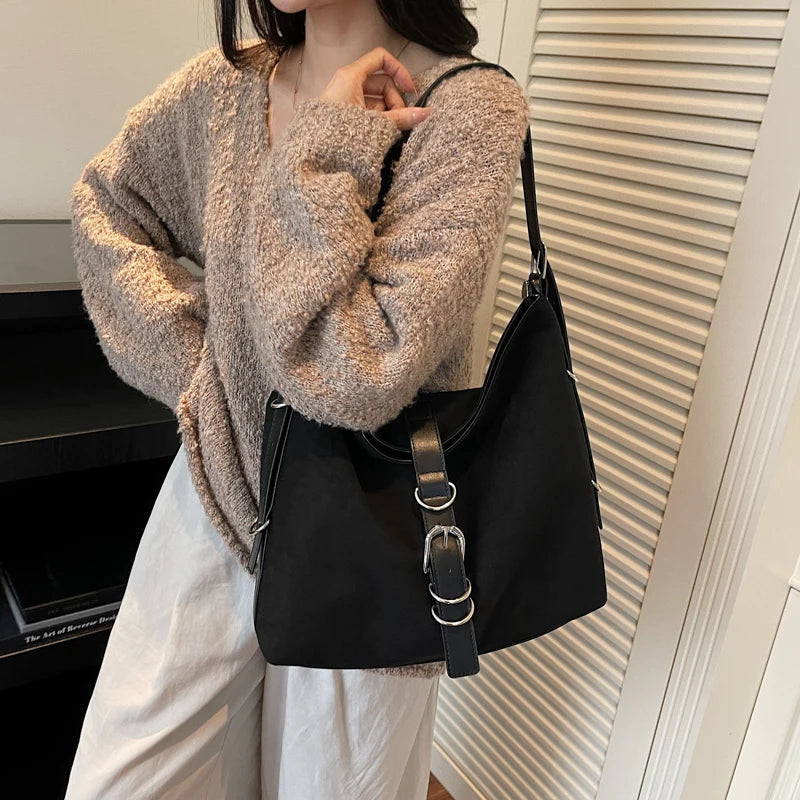 Women Autumn Winter Suede Shoulder Bag Lady Adjustable Strap Crossbody Bag