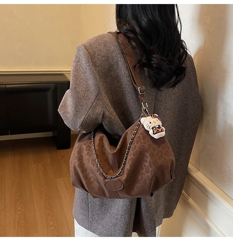 Leopard Print Commuting Crossbody Bag French Lazy Style Large Capacity