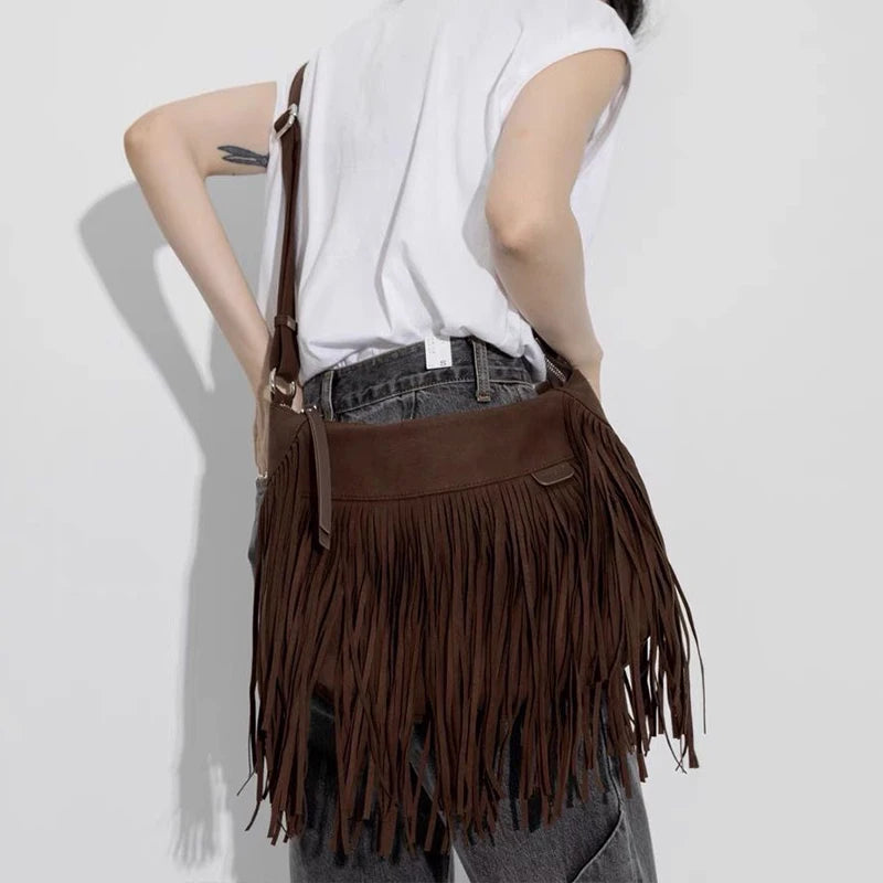 Autumn Winter Deerskin Velvet Tassel Shoulder Bag Vintage Large