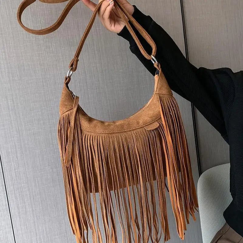 Autumn Winter Deerskin Velvet Tassel Shoulder Bag Vintage Large