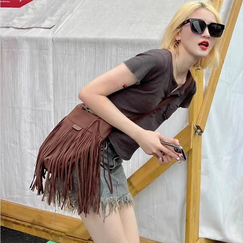 Autumn Winter Deerskin Velvet Tassel Shoulder Bag Vintage Large