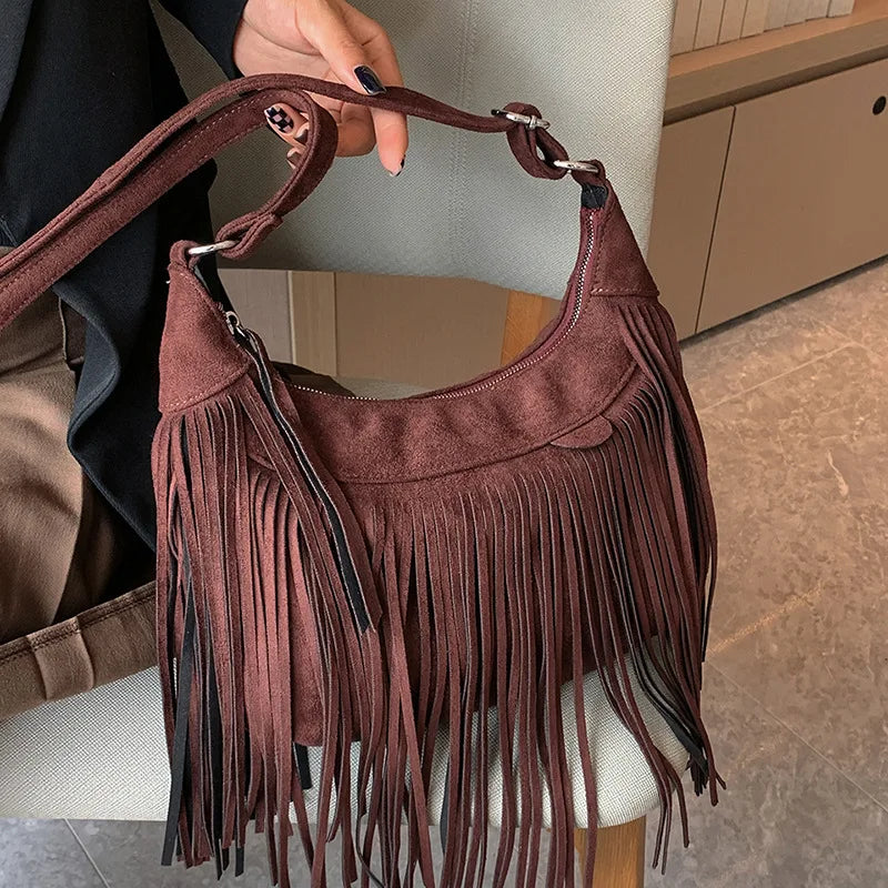 Autumn Winter Deerskin Velvet Tassel Shoulder Bag Vintage Large