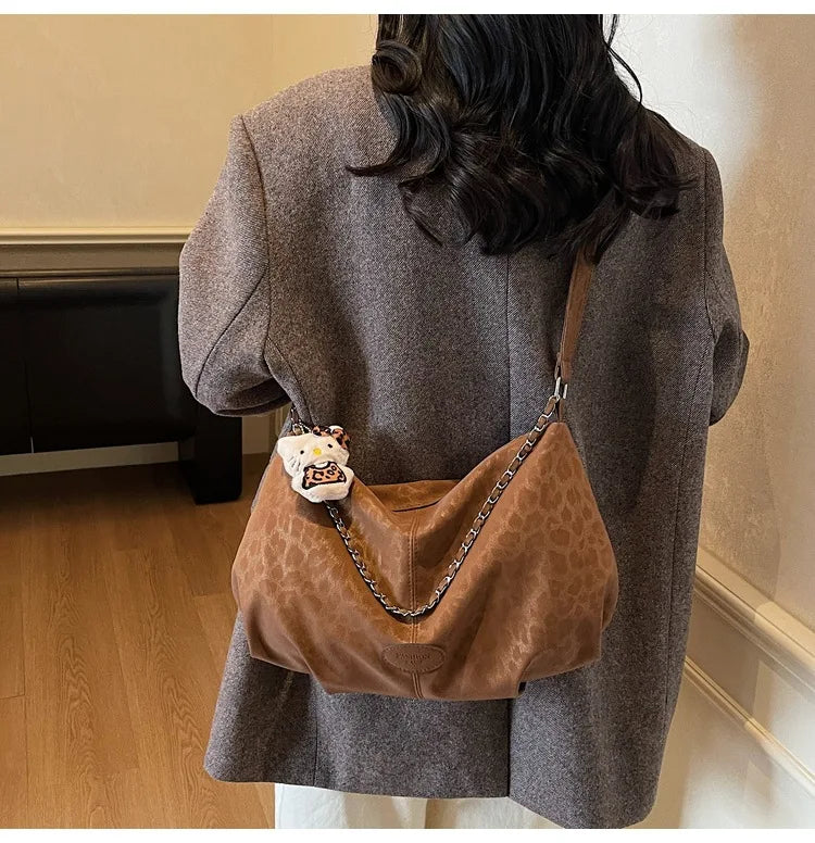 Leopard Print Commuting Crossbody Bag French Lazy Style Large Capacity