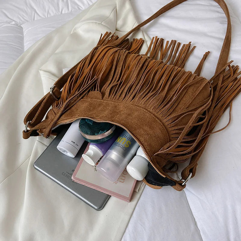 Autumn Winter Deerskin Velvet Tassel Shoulder Bag Vintage Large