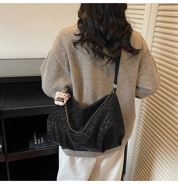 Leopard Print Commuting Crossbody Bag French Lazy Style Large Capacity