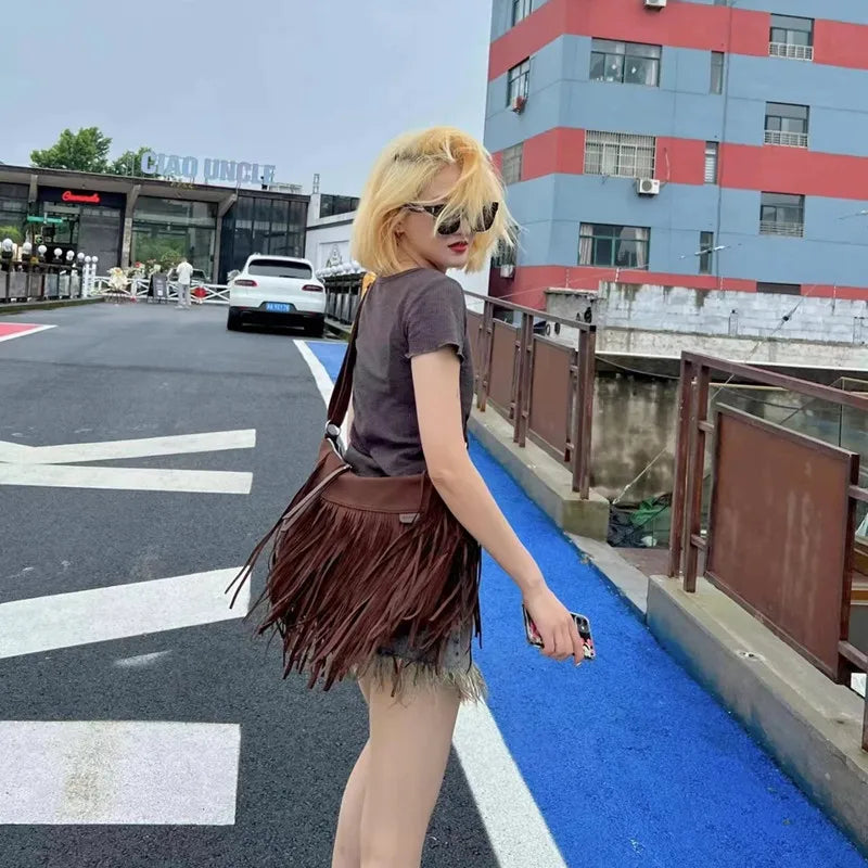 Autumn Winter Deerskin Velvet Tassel Shoulder Bag Vintage Large