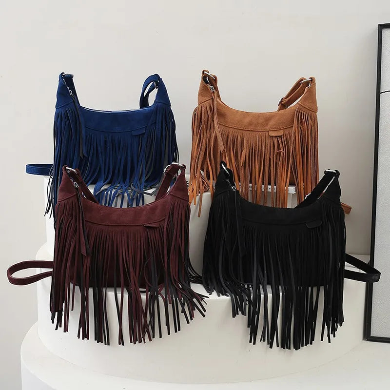 Autumn Winter Deerskin Velvet Tassel Shoulder Bag Vintage Large
