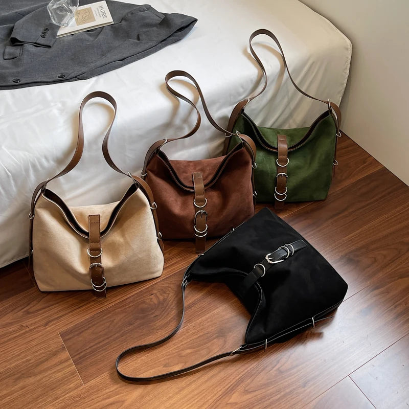 Women Autumn Winter Suede Shoulder Bag Lady Adjustable Strap Crossbody Bag