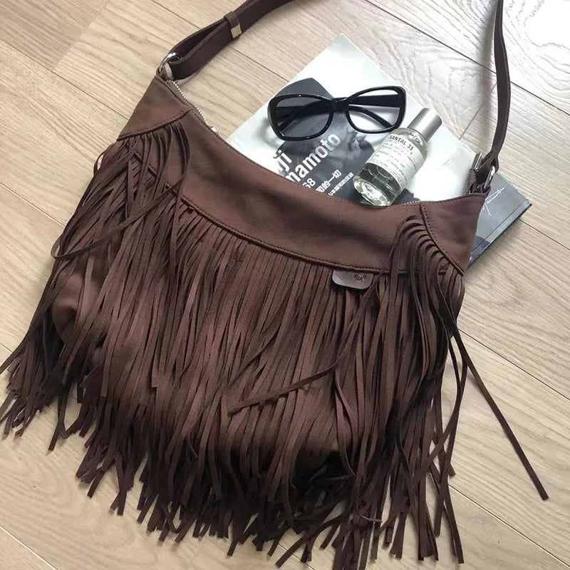 Autumn Winter Deerskin Velvet Tassel Shoulder Bag Vintage Large