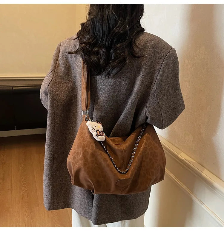 Leopard Print Commuting Crossbody Bag French Lazy Style Large Capacity