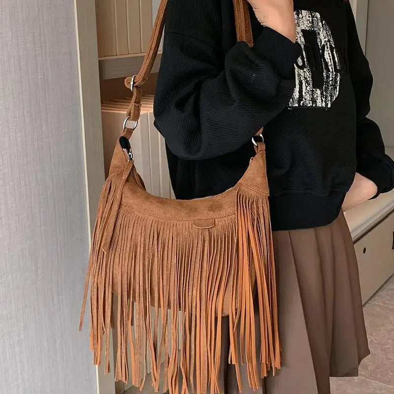 Autumn Winter Deerskin Velvet Tassel Shoulder Bag Vintage Large