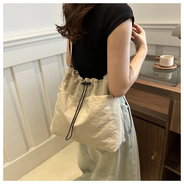 New Large Capacity Waterproof Nylon Bucket Bag, Drawstring Pleated