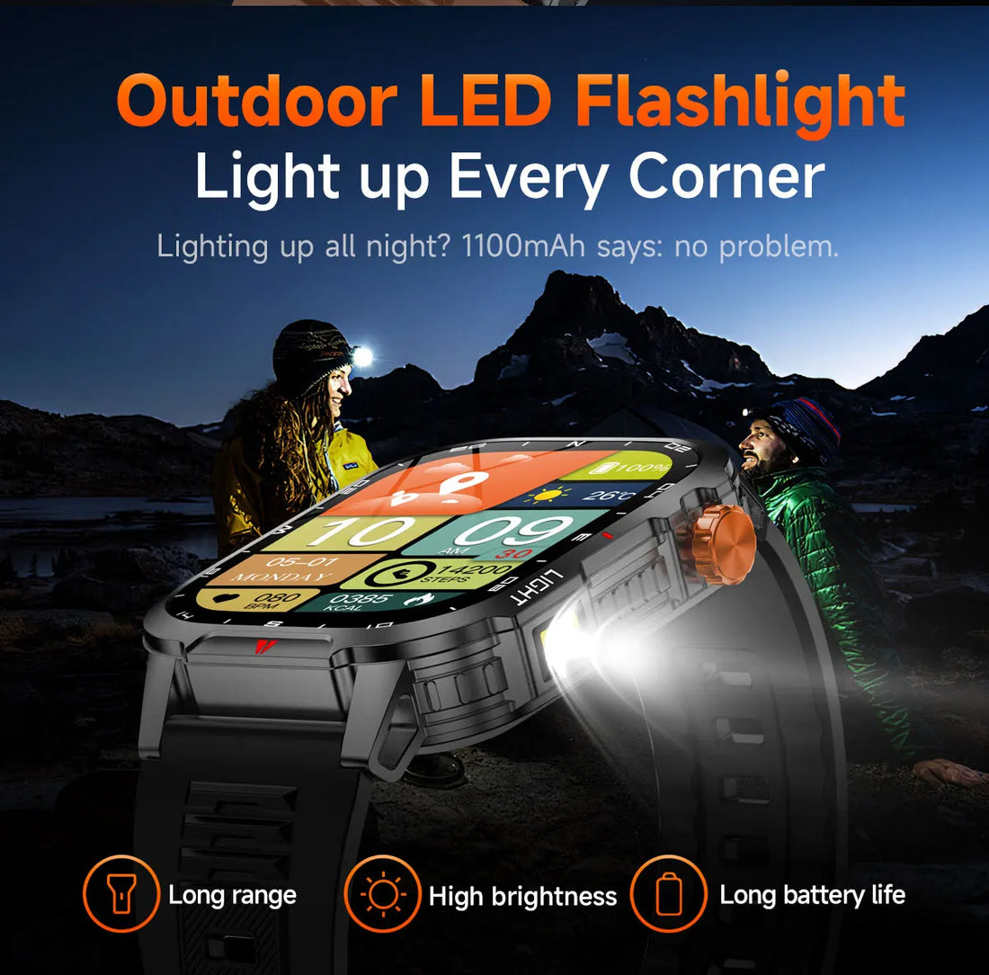 New Smart Watch Waterproof 2.01-inch Screen Flashlight Compass 1100mAh