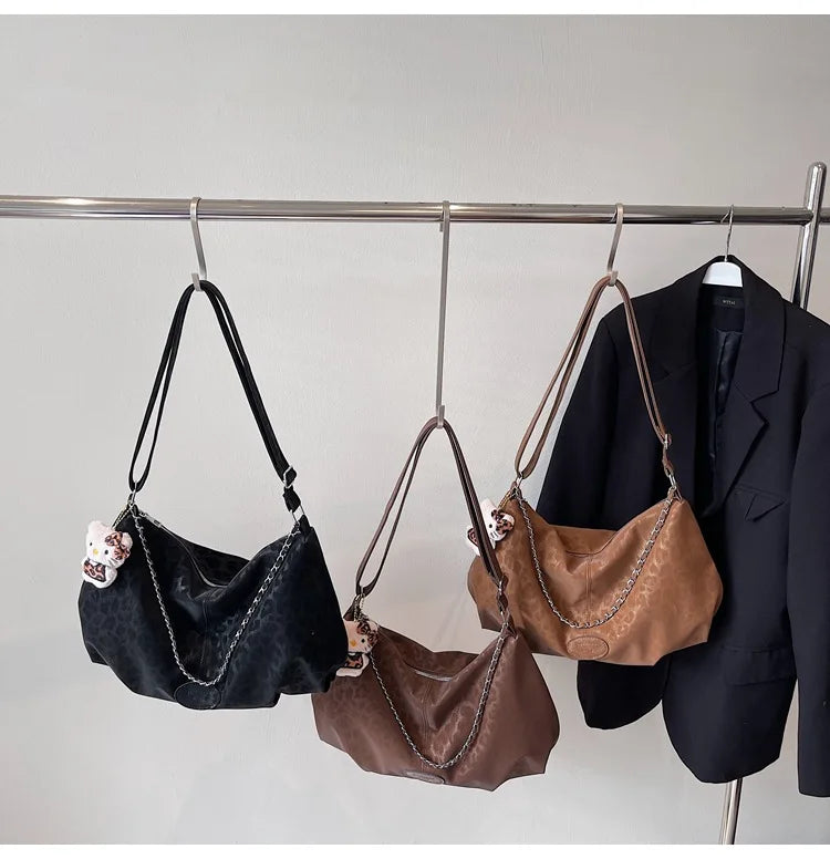 Leopard Print Commuting Crossbody Bag French Lazy Style Large Capacity