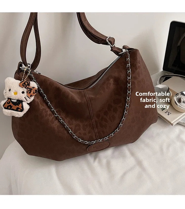 Leopard Print Commuting Crossbody Bag French Lazy Style Large Capacity