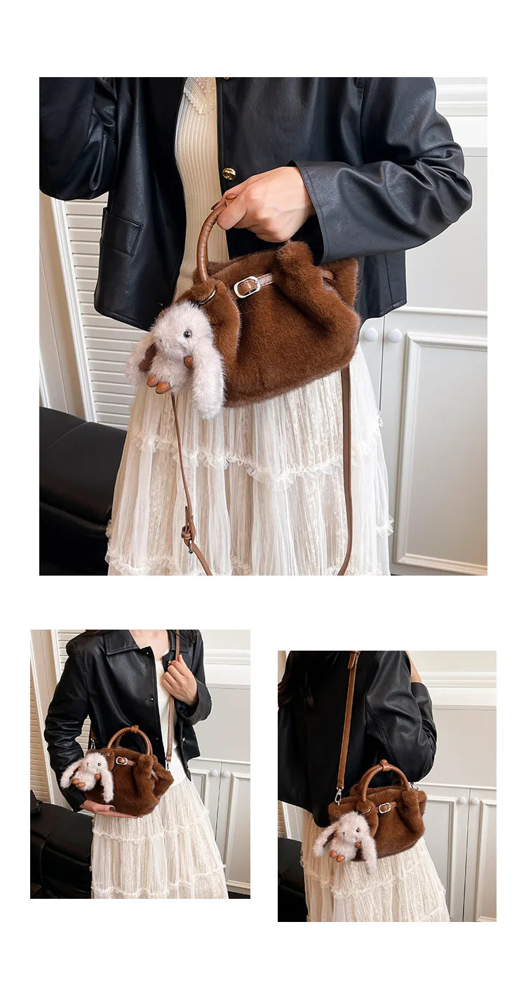 Women Shoulder Crossbody Bag Faux Fur Mini Bucket Bag Luxury Plush Commuter