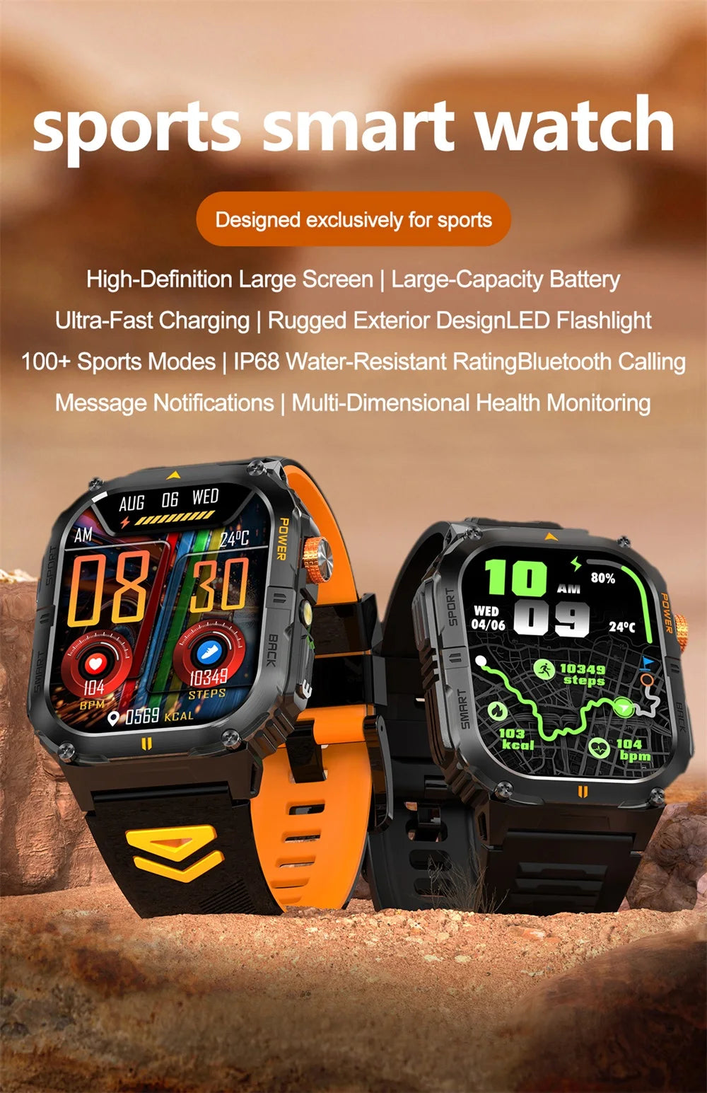 Newest Clock Outdoor Sports Smart Watch LED Flashlight Waterproof Heart