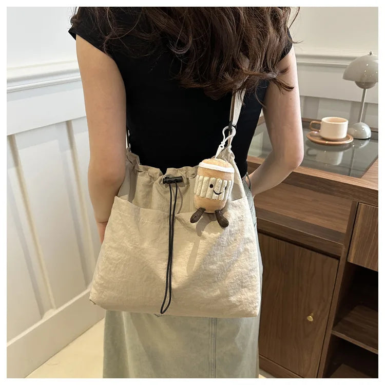 New Large Capacity Waterproof Nylon Bucket Bag, Drawstring Pleated