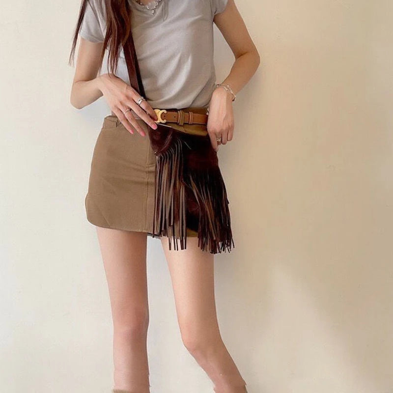 Autumn Winter Deerskin Velvet Tassel Shoulder Bag Vintage Large