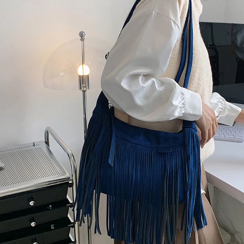 Autumn Winter Deerskin Velvet Tassel Shoulder Bag Vintage Large