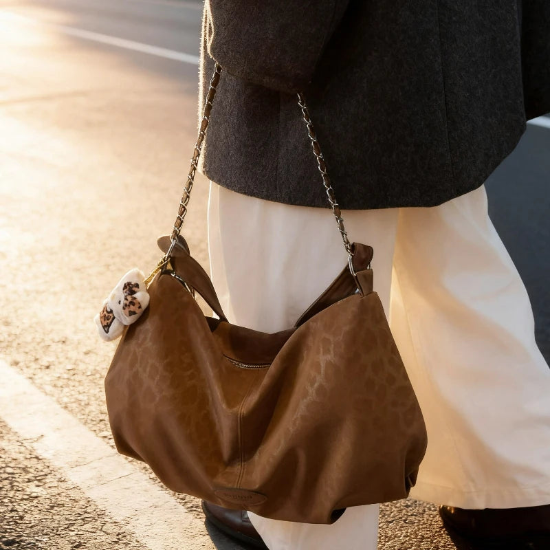 Leopard Print Commuting Crossbody Bag French Lazy Style Large Capacity
