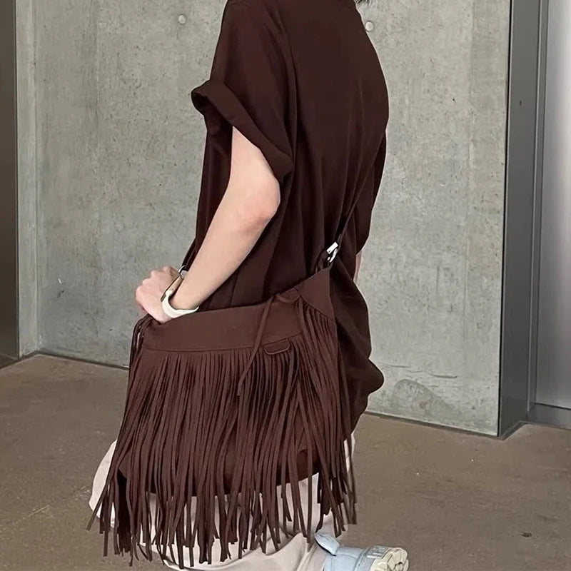 Autumn Winter Deerskin Velvet Tassel Shoulder Bag Vintage Large