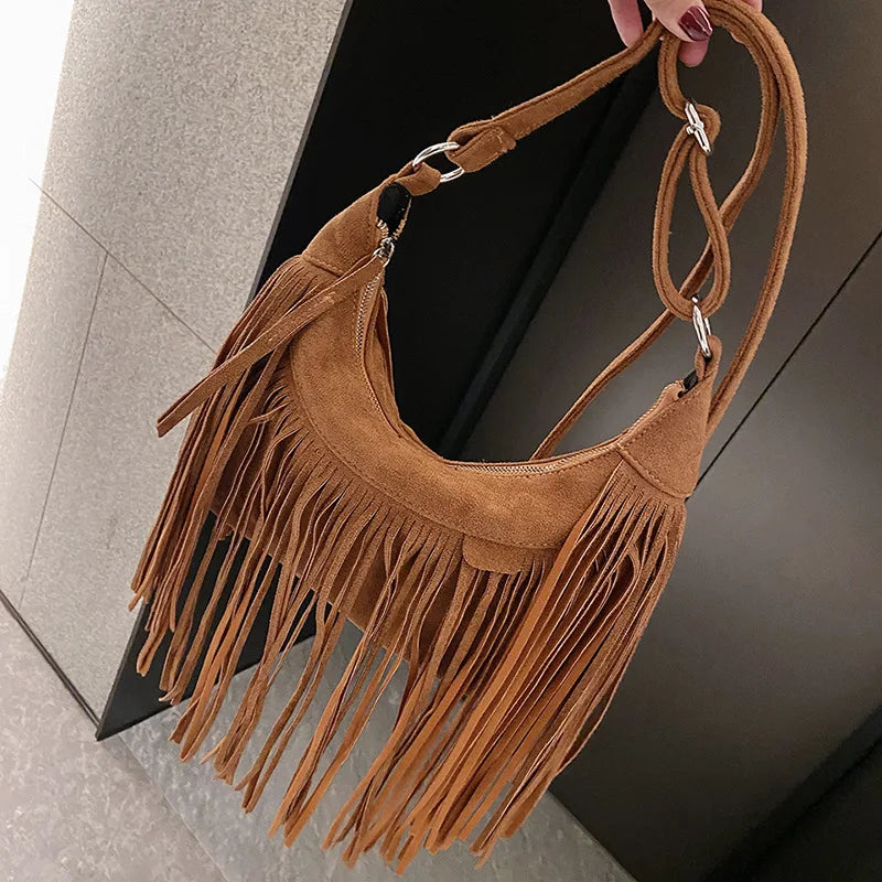 Autumn Winter Deerskin Velvet Tassel Shoulder Bag Vintage Large