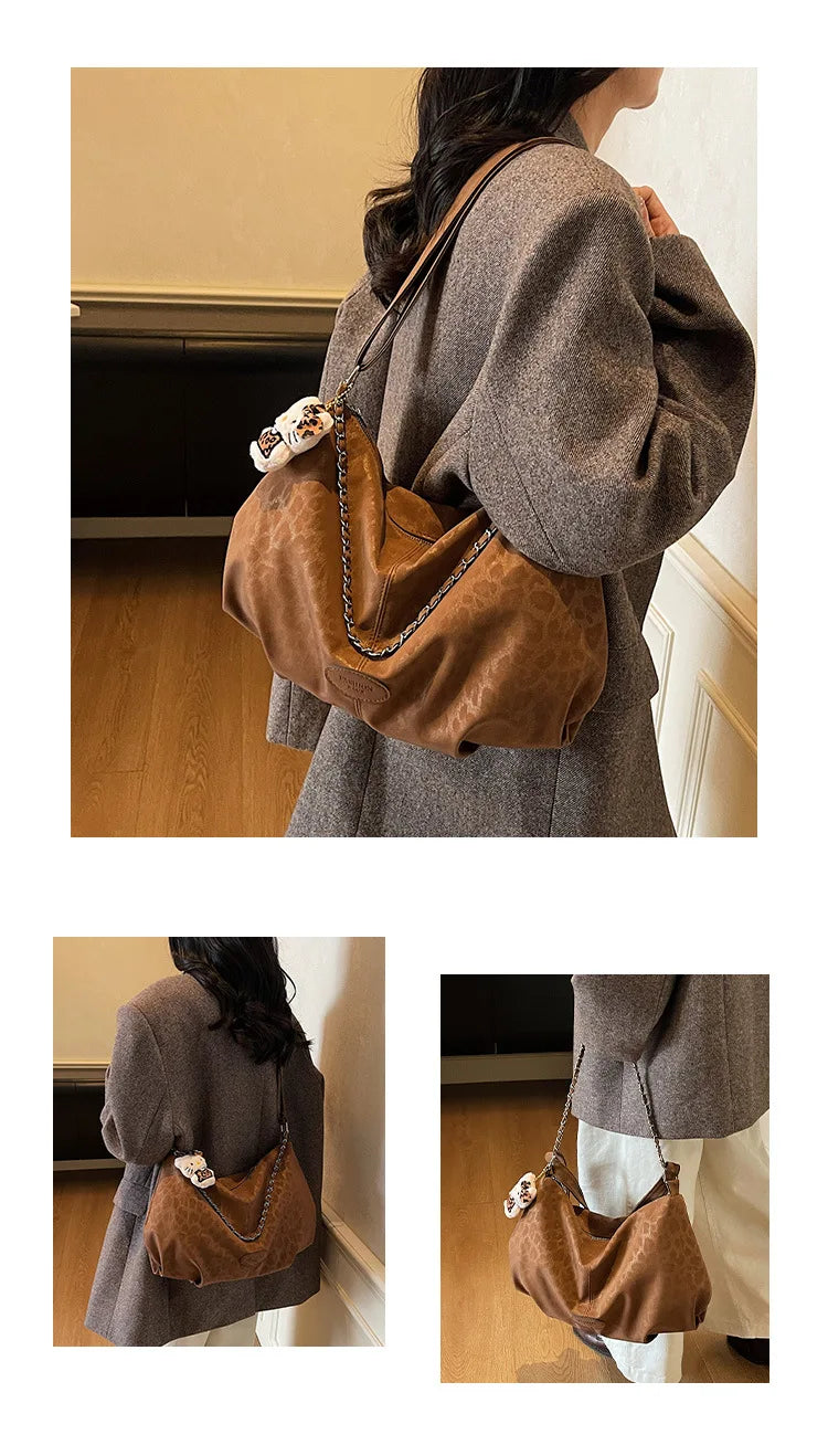 Leopard Print Commuting Crossbody Bag French Lazy Style Large Capacity