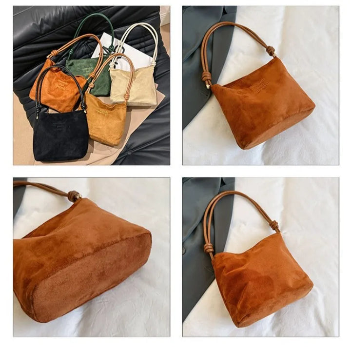 Fashion Solid Color Bucket Bag Retro Suede Tote Bag Women's Luxury