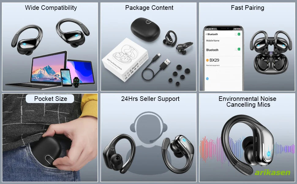 Wireless Earbud Sport Bluetooth 5.3 Headphones IP7 with Noise