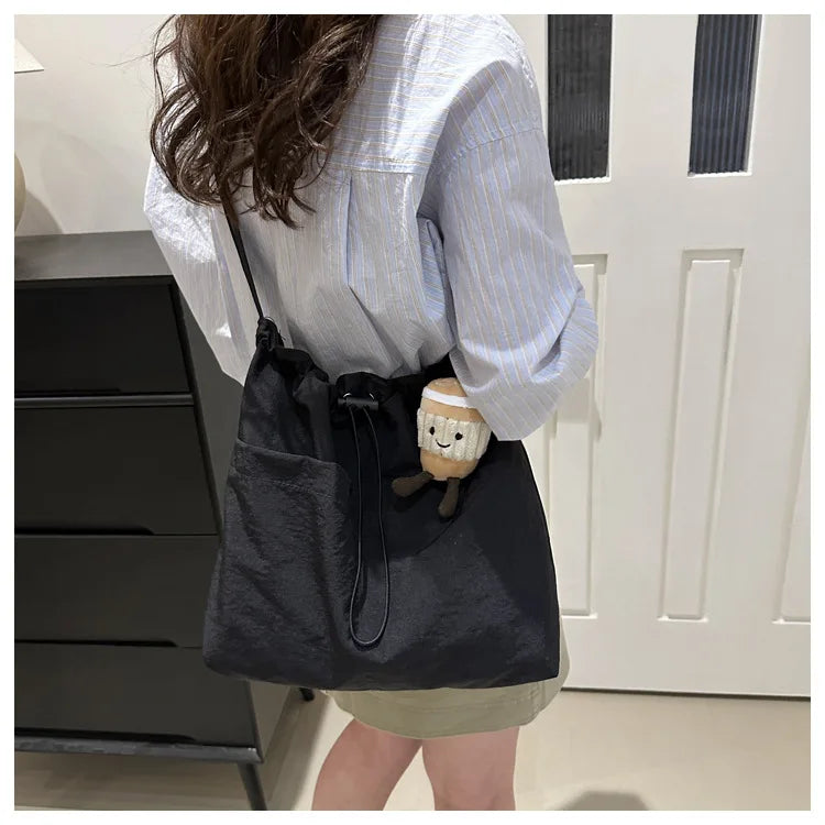 New Large Capacity Waterproof Nylon Bucket Bag, Drawstring Pleated