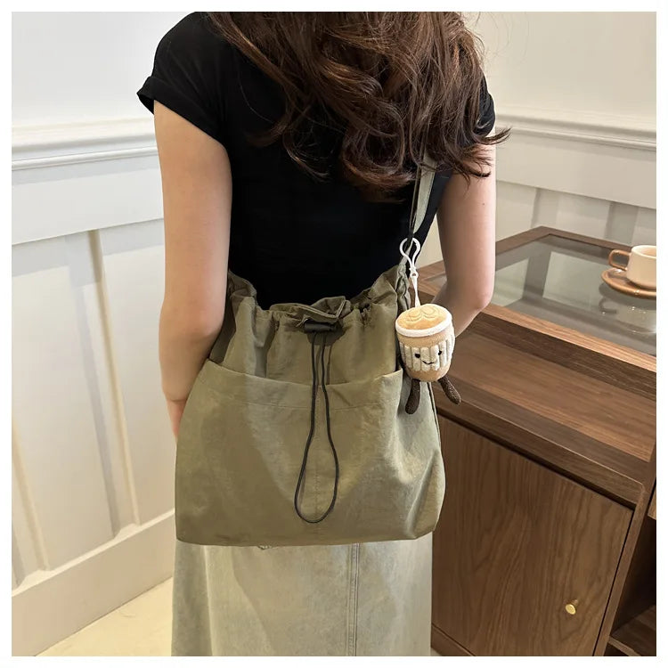 New Large Capacity Waterproof Nylon Bucket Bag, Drawstring Pleated