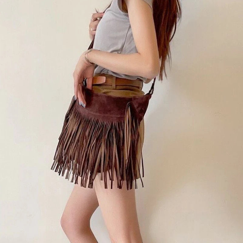 Autumn Winter Deerskin Velvet Tassel Shoulder Bag Vintage Large