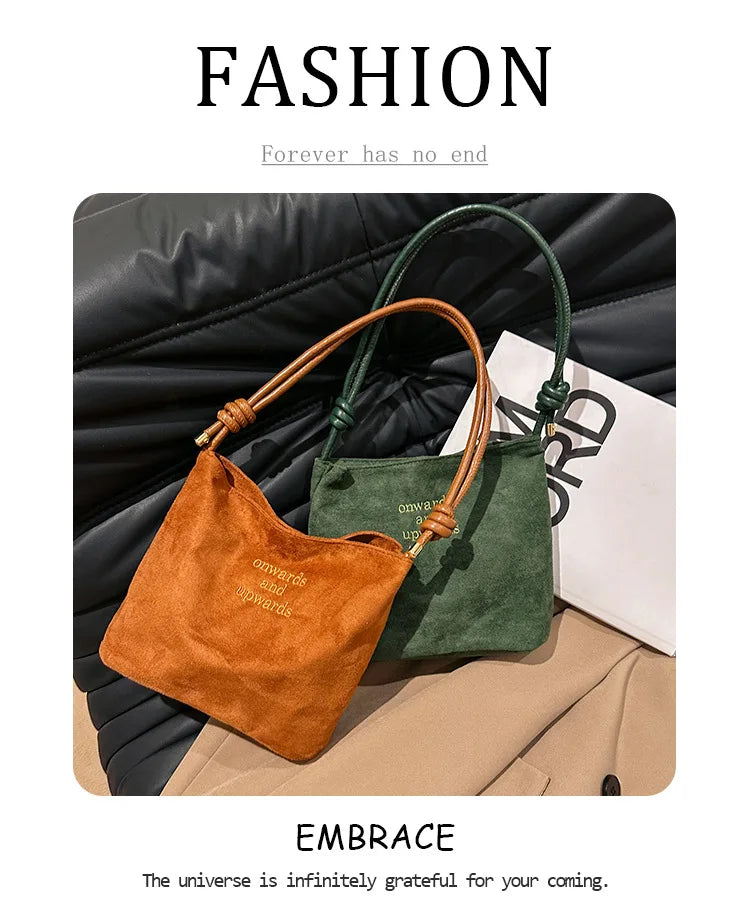 Fashion Solid Color Bucket Bag Retro Suede Tote Bag Women's Luxury