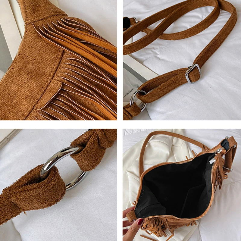 Autumn Winter Deerskin Velvet Tassel Shoulder Bag Vintage Large