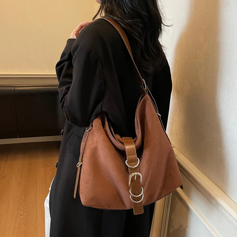 Women Autumn Winter Suede Shoulder Bag Lady Adjustable Strap Crossbody Bag