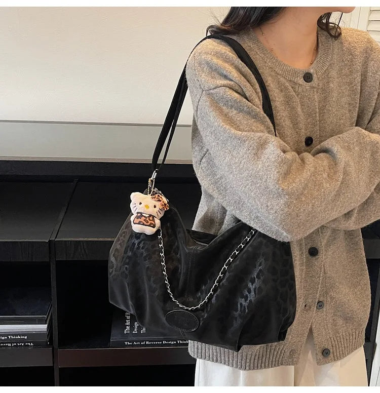 Leopard Print Commuting Crossbody Bag French Lazy Style Large Capacity