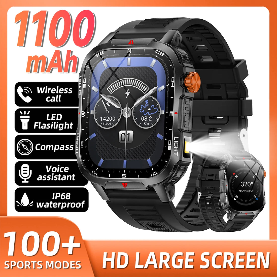 New Smart Watch Waterproof 2.01-inch Screen Flashlight Compass 1100mAh
